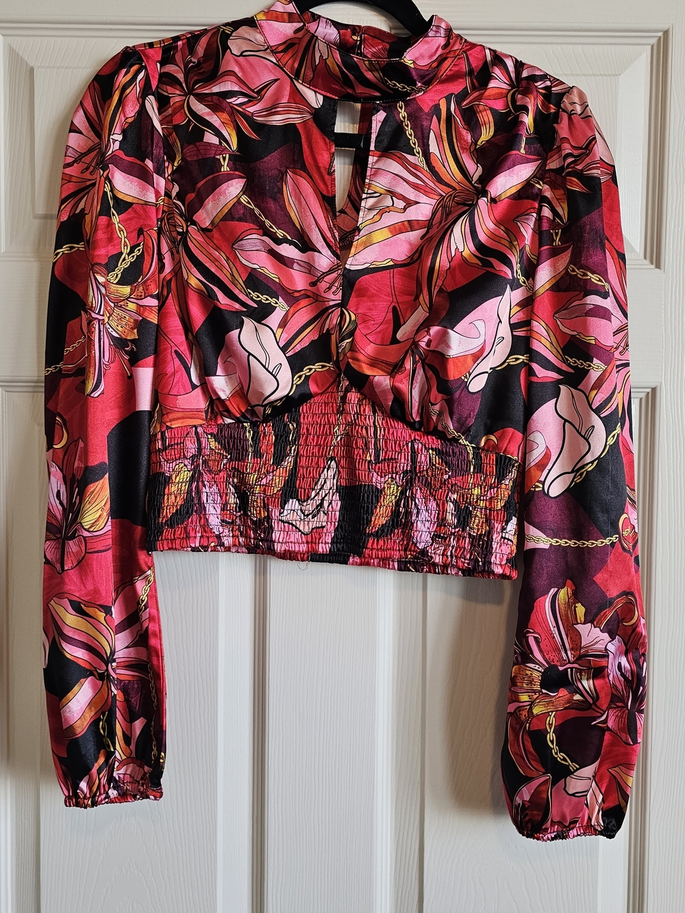 Guess Pink and Black Floral Satin Cropped Top